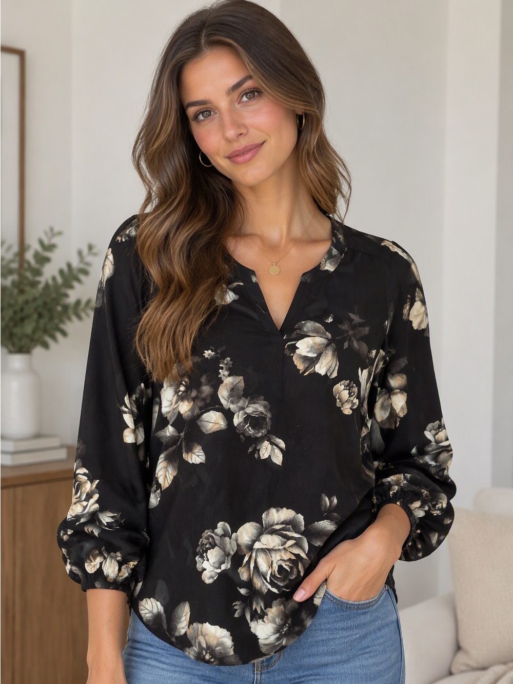 le chateau Black Floral V-Neck Blouse with Cream Blooms